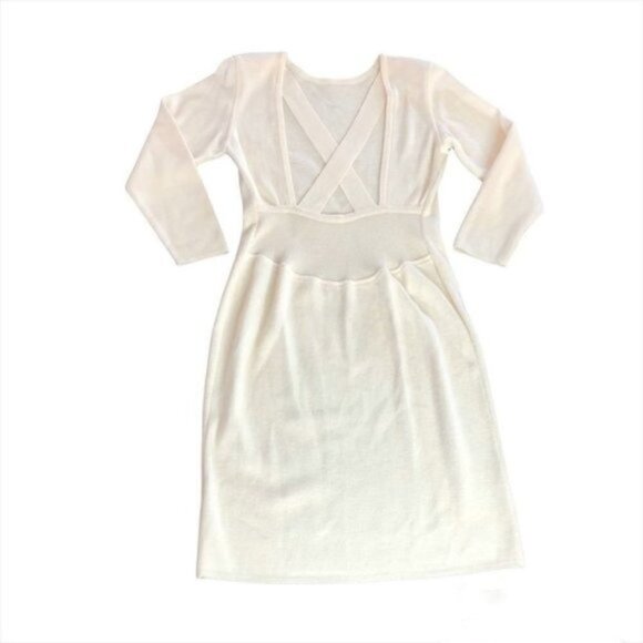 Vintage Rodier Off White Cream Wool Sweater Dress Criss Cross Back - Picture 4 of 12
